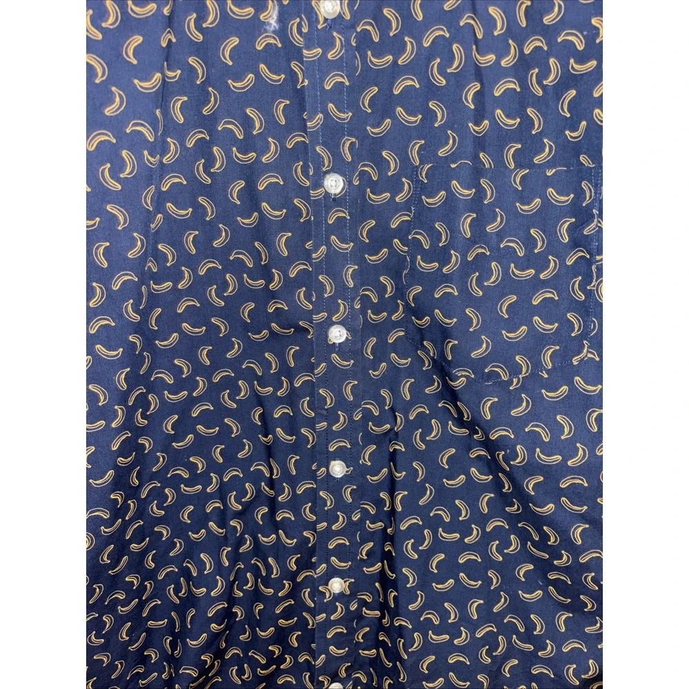 Banana Republic Men's M Shirt Navy Blue Banana Print Luxe Poplin LS Button-down